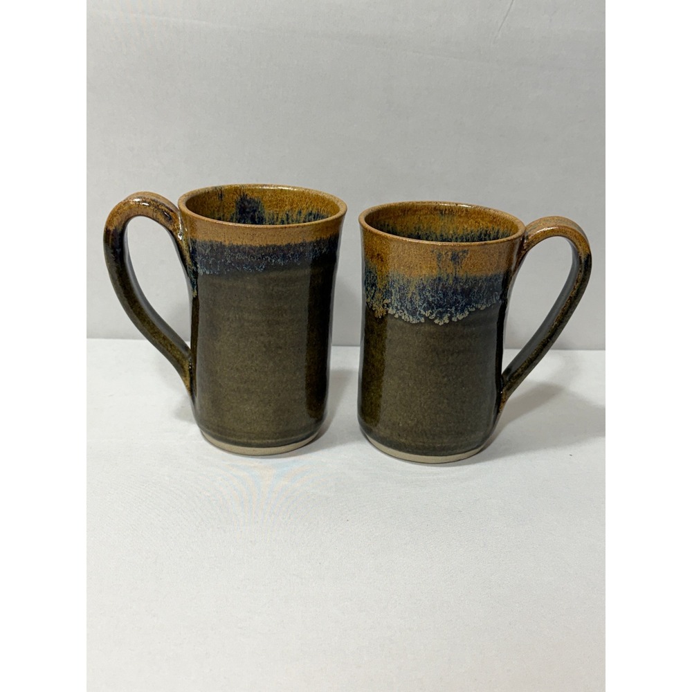 Blue Moon Pottery Studio Stoneware Mugs Set of 2 Drip Glaze‎ Earth Tone Signed
